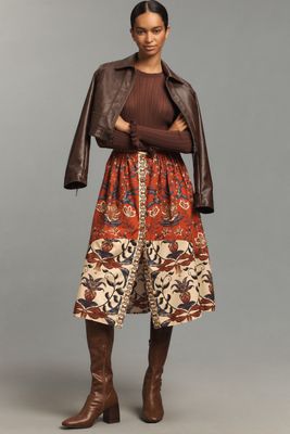 Farm Rio Winter Breeze Button-Front A-Line Midi Skirt