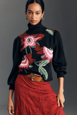 Farm Rio Mock-neck Embroidered Pullover Sweater In Multi