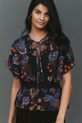 Farm Rio Sheer Lace Relaxed Blouse In Blue