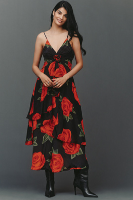 Farm Rio A-line V-neck Rosette Maxi Dress In Black