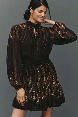 Farm Rio Tie-neck Floral-print Georgette Mini Dress In Brown