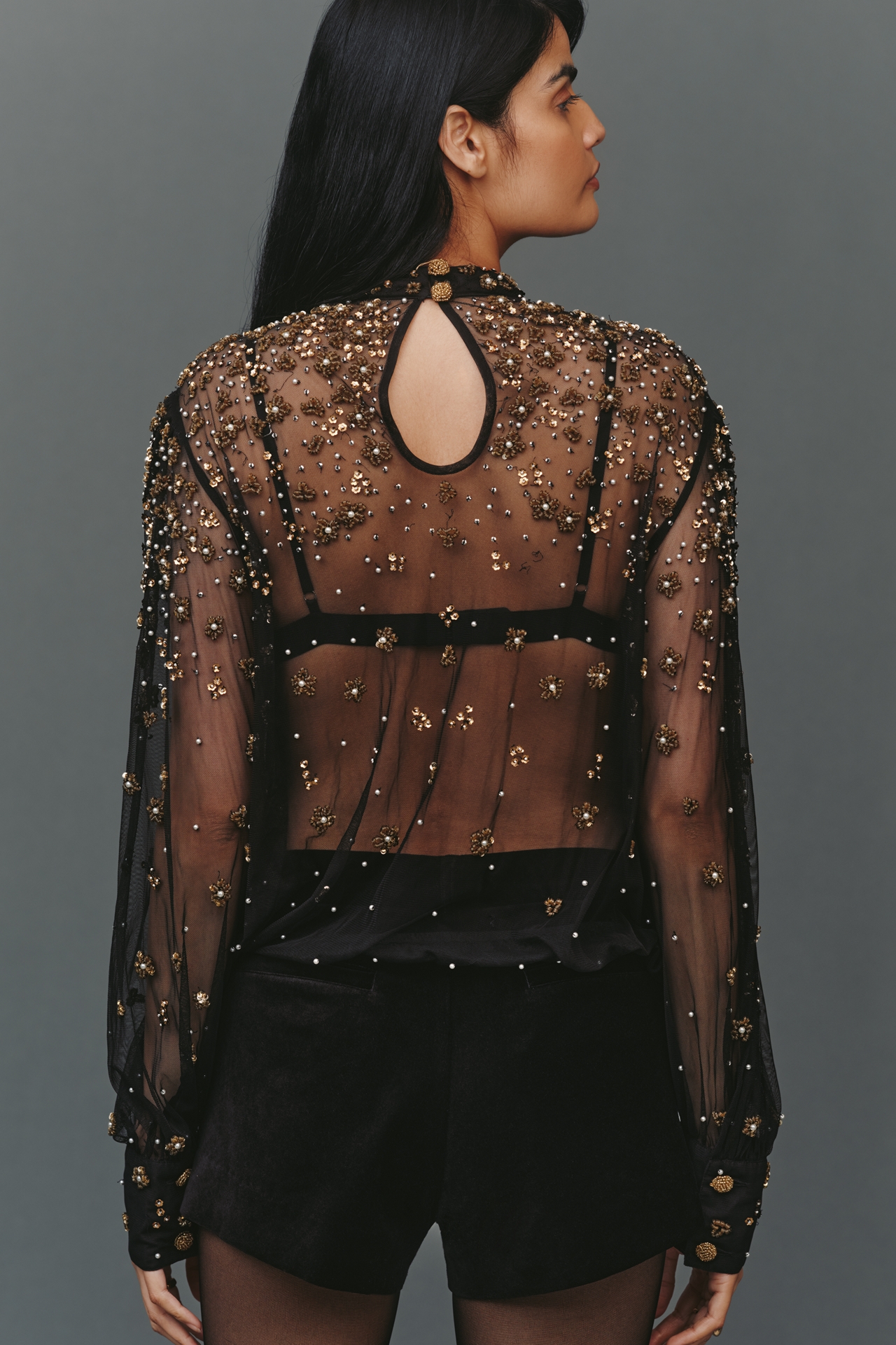 Farm Rio Mock-Neck Sheer Embroidered Blouse