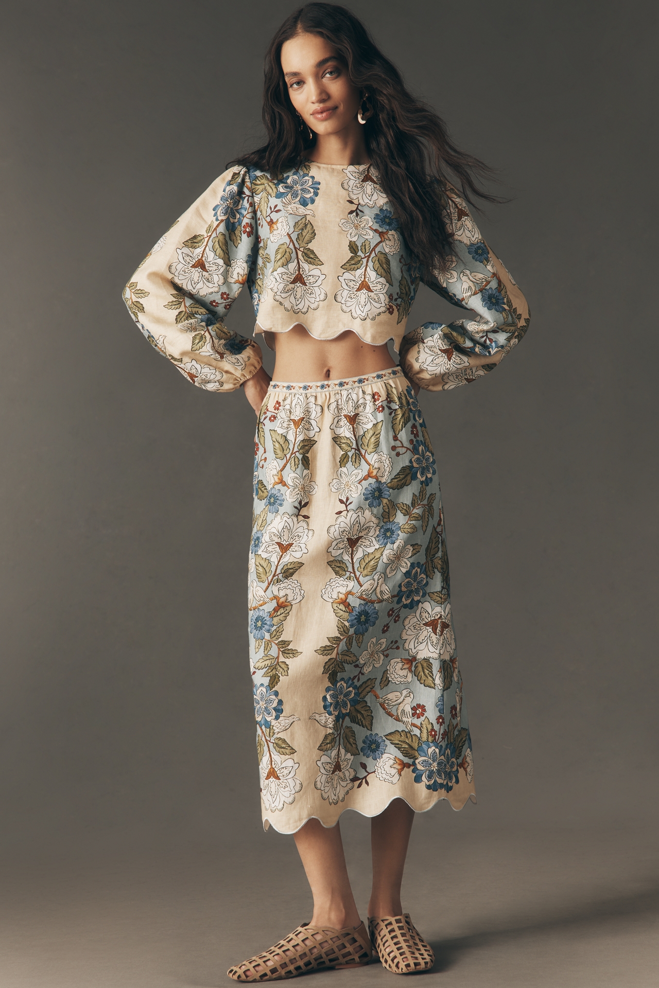 Farm Rio Garden Linen Scalloped Crop Top