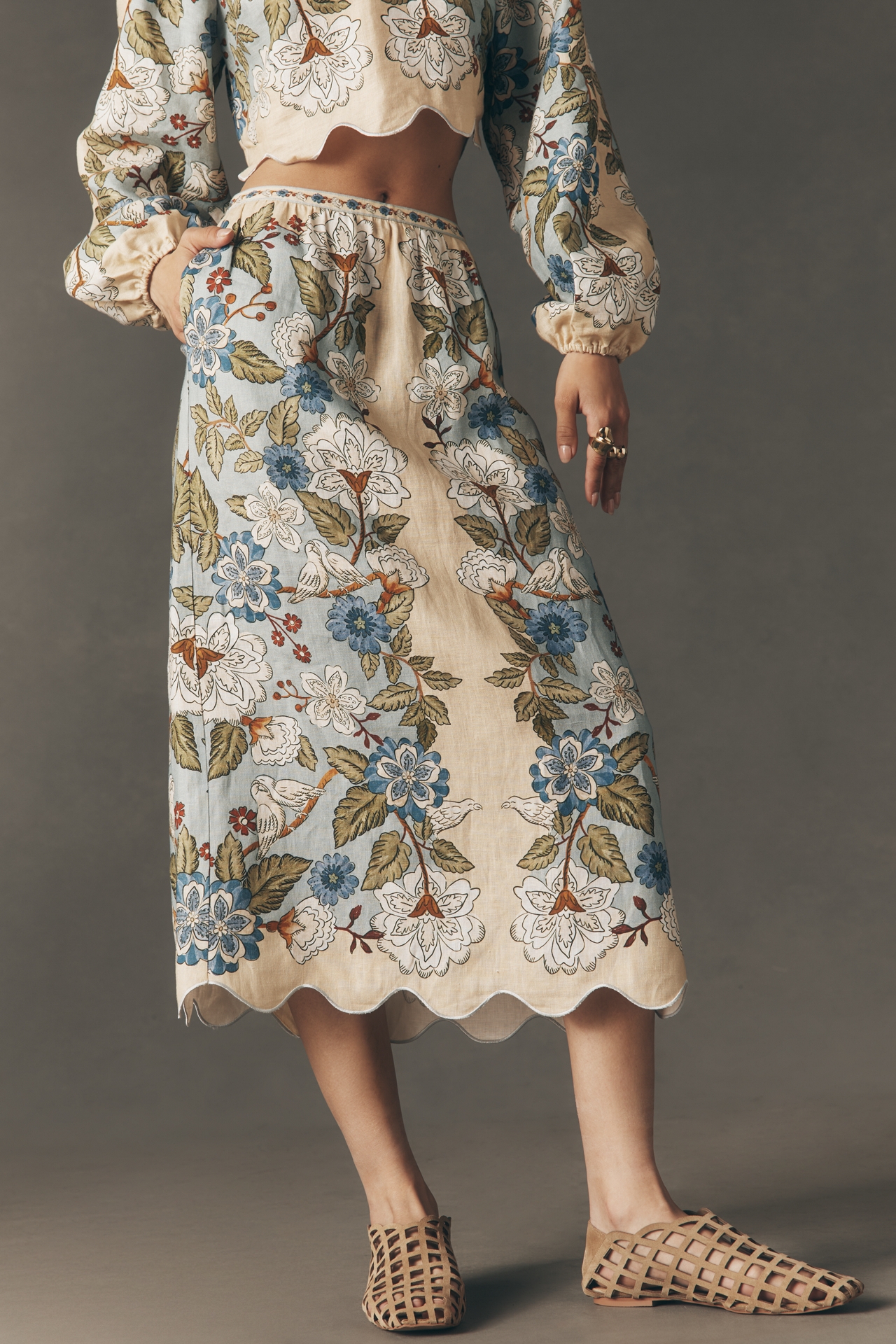 Farm Rio Garden Scalloped Linen Midi Skirt