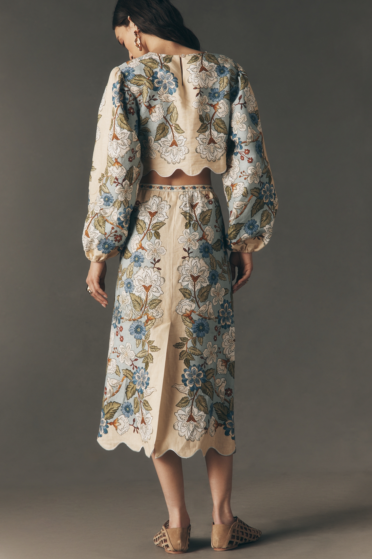 Farm Rio Garden Scalloped Linen Midi Skirt