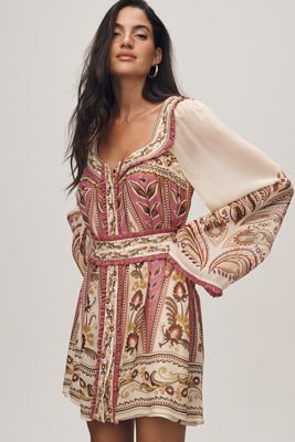 Farm Rio Ainika Tropical Splendor Puff-Sleeve Mini Dress