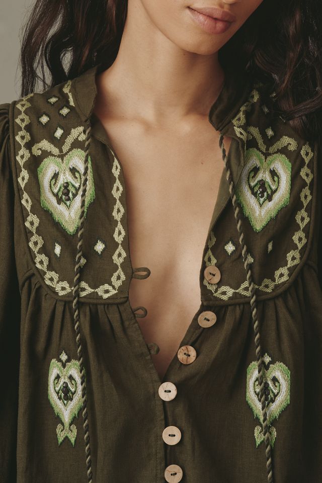 Farm Rio Embroidered Linen Blend Blouse #1