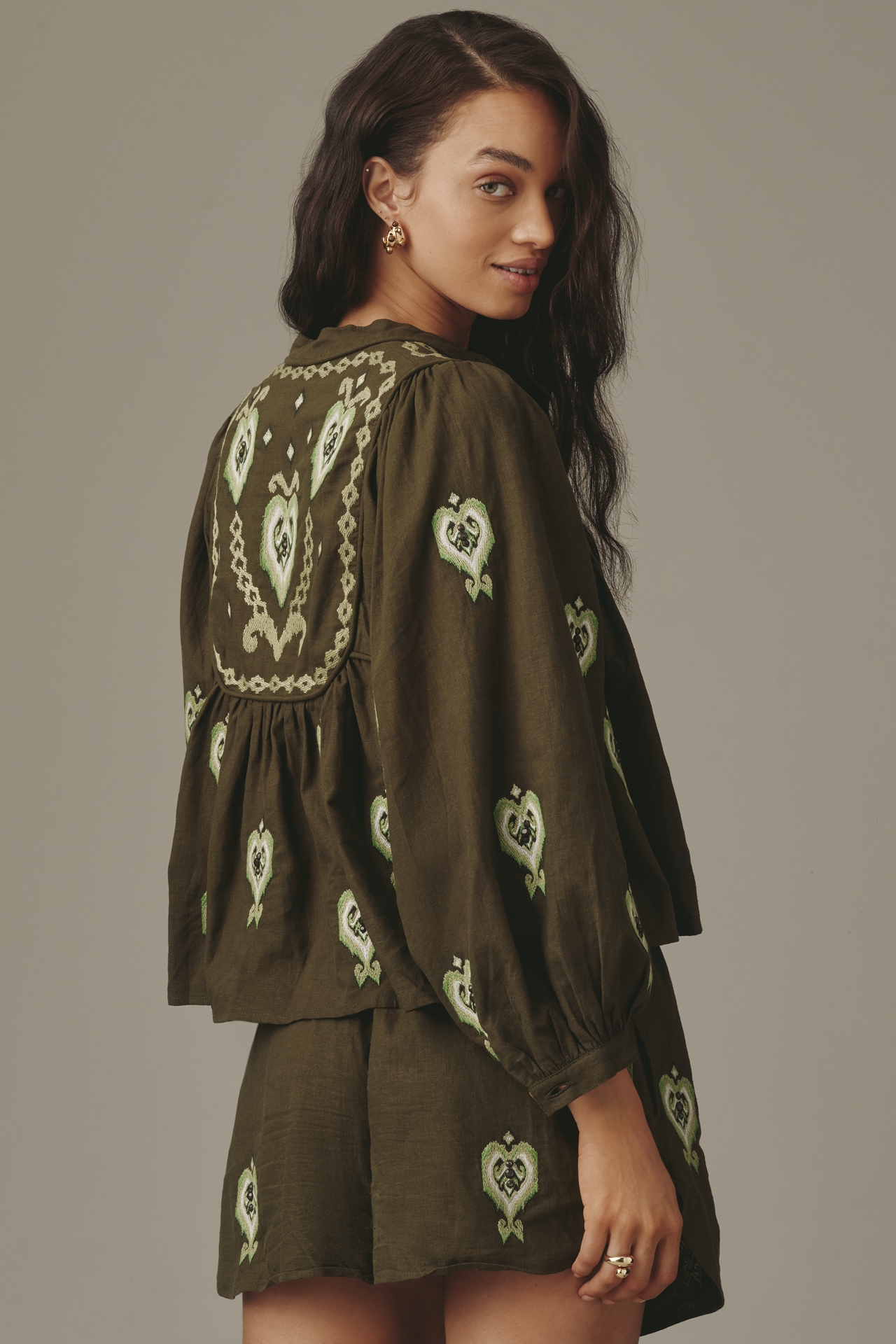 Farm Rio Embroidered Linen Blend Blouse