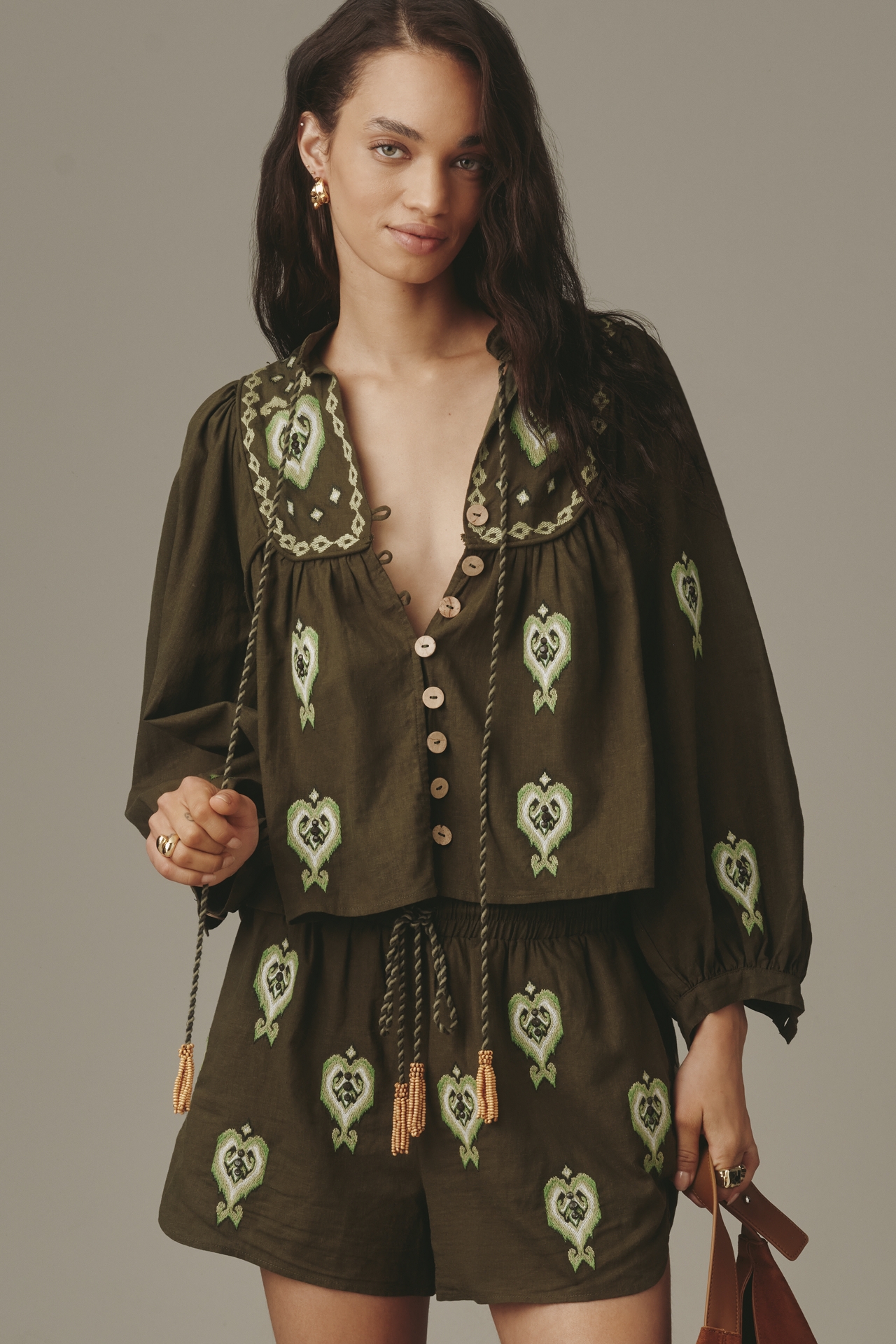 Farm Rio Embroidered Linen Blend Blouse