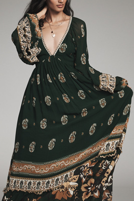 Farm Rio Ayla Long-sleeve V-neck Maxi Dress In Green