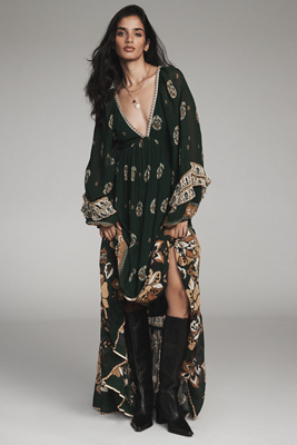Farm Rio Ayla Long-Sleeve V-Neck Maxi Dress | Anthropologie