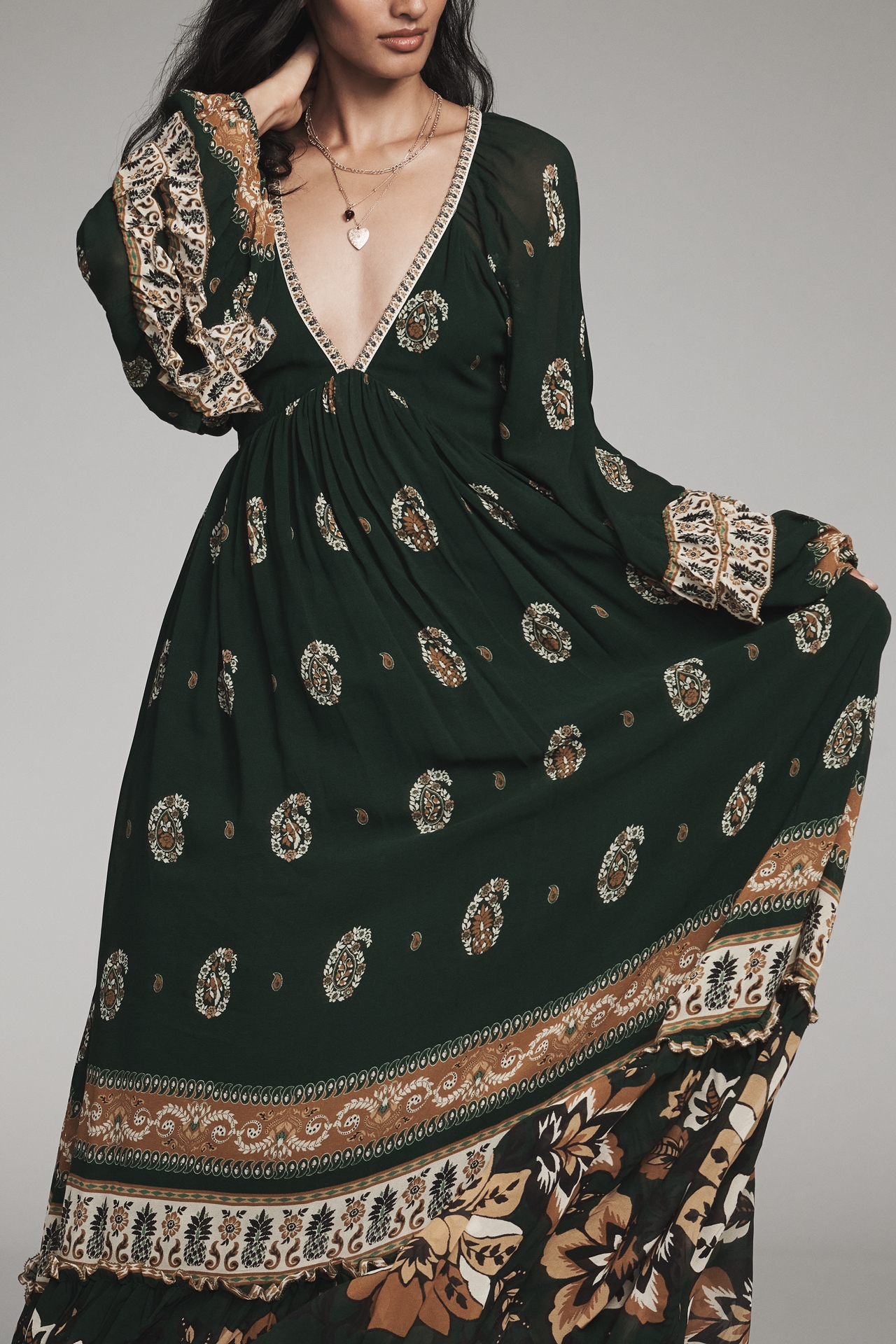 Farm Rio Ayla Long-Sleeve V-Neck Maxi Dress