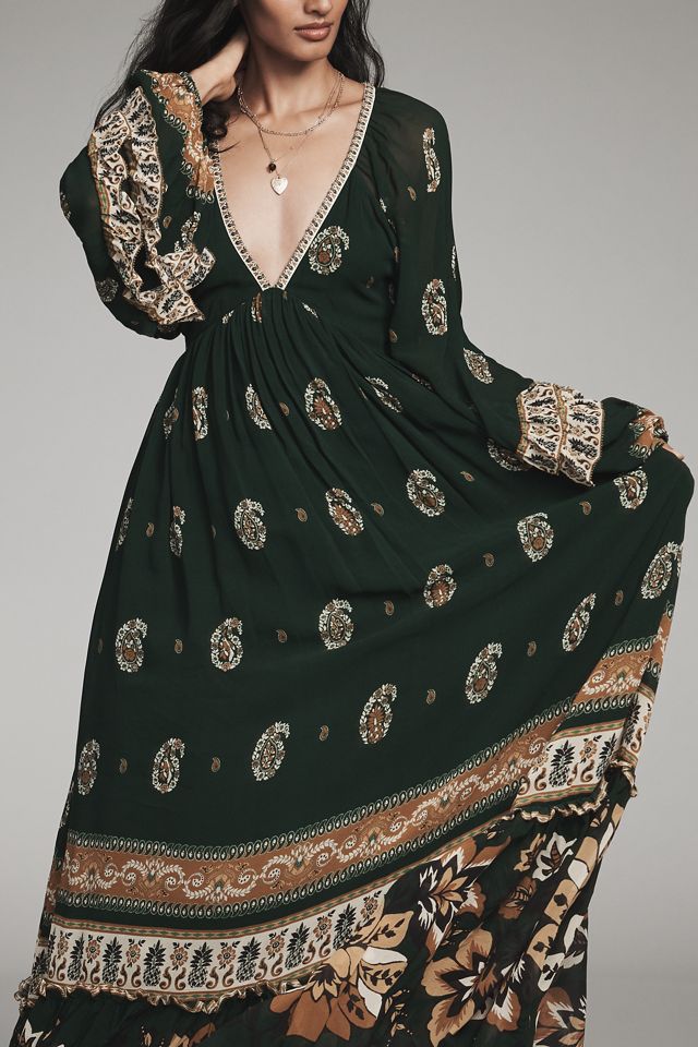 Farm Rio Ayla Long-Sleeve V-Neck Maxi Dress