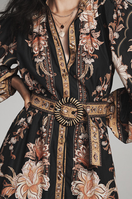 Farm Rio Majestic Garden Long-sleeve Button-front Mini Dress In Black