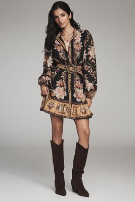 Farm Rio Majestic Garden Long-Sleeve Button-Front Mini Dress