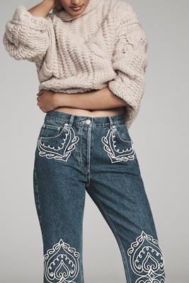 Farm Rio Cornely Embroidered Cropped Flare Jeans In Blue