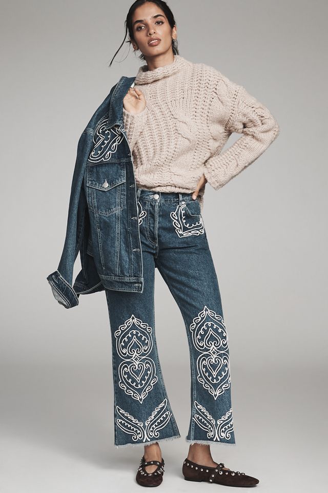 Farm Rio Cornely Embroidered Cropped Flare Jeans #1