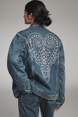 Farm Rio Cornely Embroidered Denim Trucker Jacket In Blue