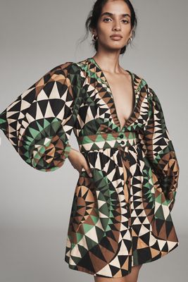 Farm Rio Deco Long-Sleeve Mini Dress