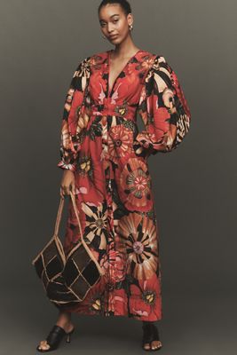 Farm Rio Chelsea Garden Long-Sleeve Deep-V Maxi Dress | Anthropologie