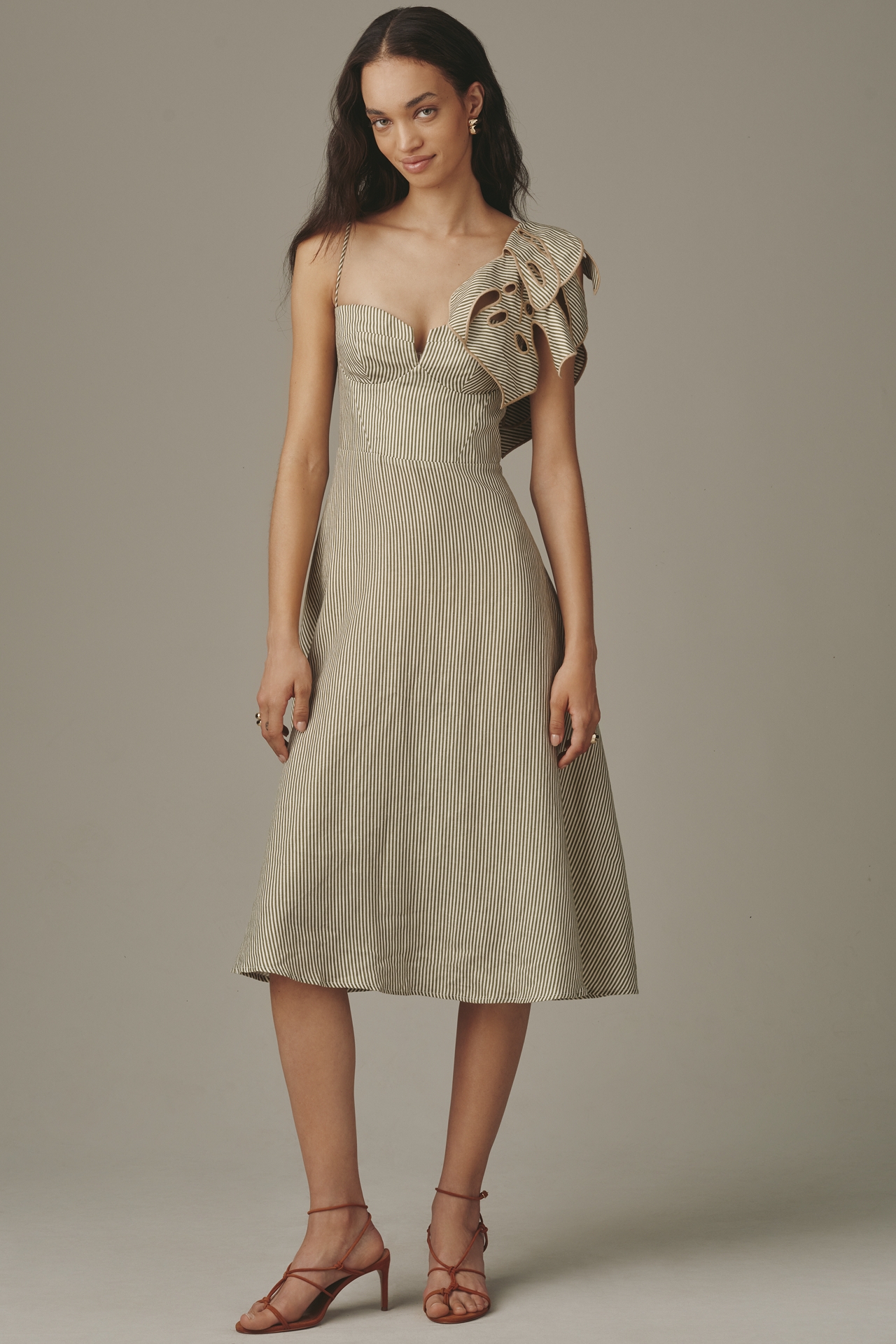 Farm Rio Monstera 3D A-Line Linen Midi Dress