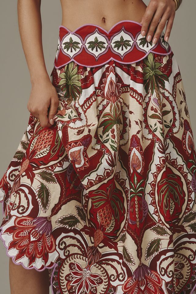 Farm Rio Odara Linen Blend Scalloped Midi Skirt #1