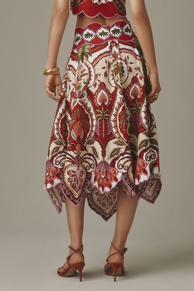 Farm Rio Odara Linen Blend Scalloped Midi Skirt #2