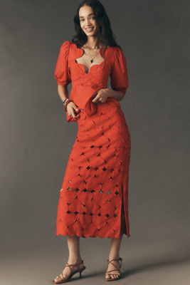 Cutout Hearts Linen Midi Skirt