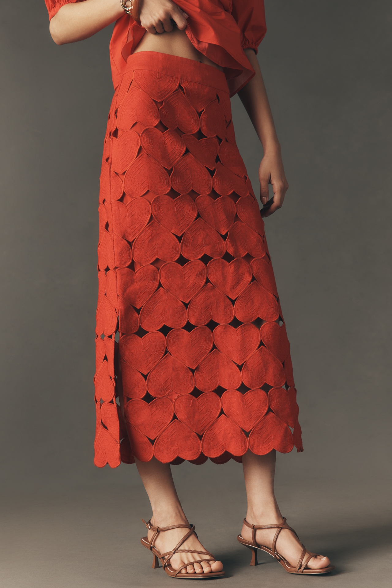 Farm Rio Cutout Hearts Linen Midi Skirt