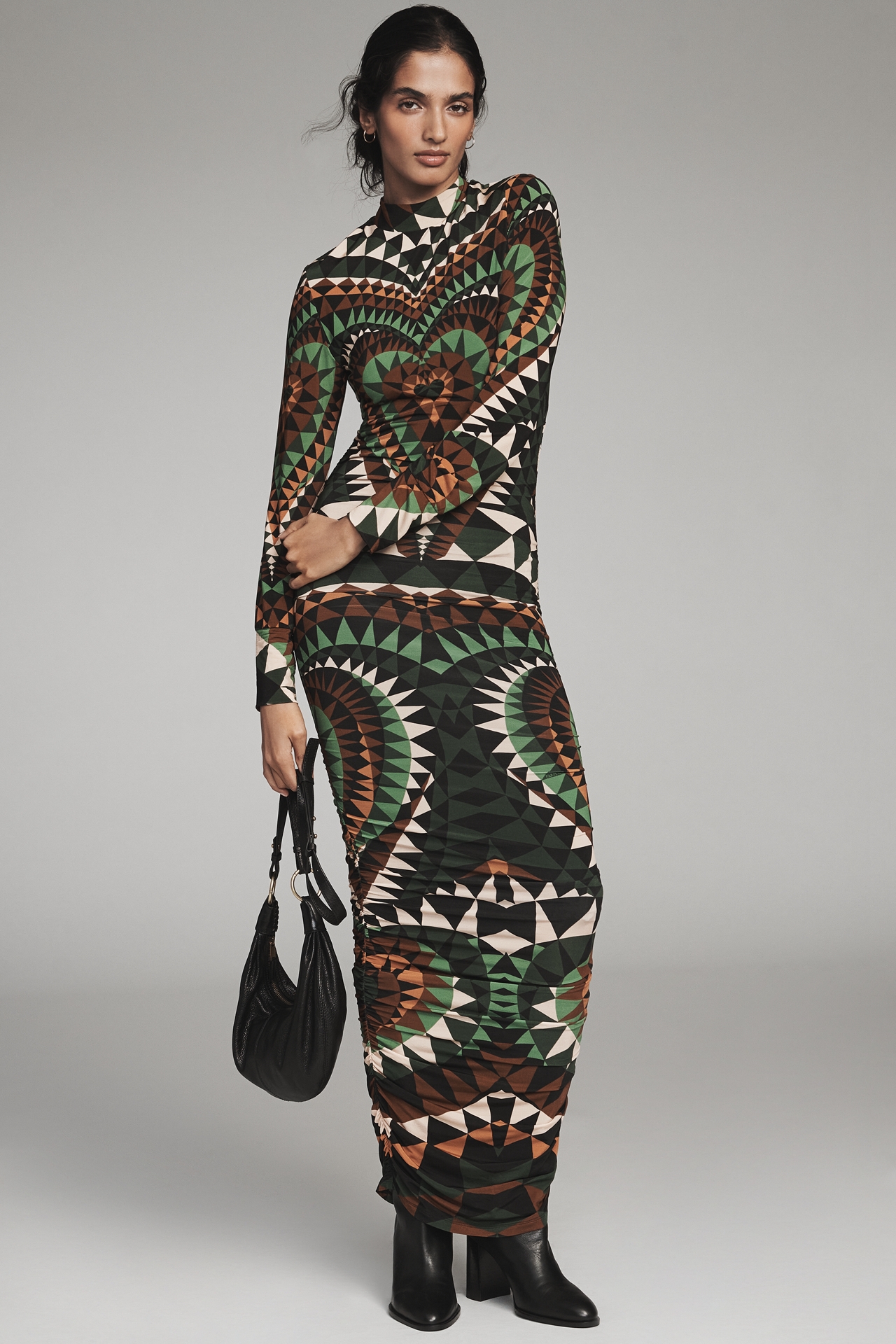 Farm Rio Deco Jersey Long-Sleeve Mock-Neck Midi Dress