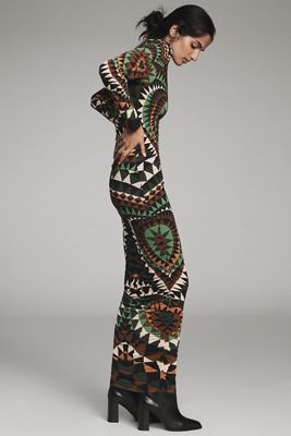 Farm Rio Deco Jersey Long-Sleeve Mock-Neck Midi Dress