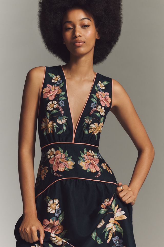 Farm Rio Maira Floral Linen Sleeveless Plunge Maxi Dress