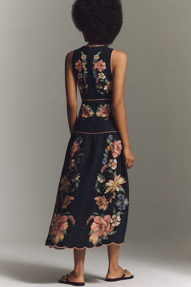 FARM RIO Maira Floral Sleeveless Linen Dress - Dark Blue XS