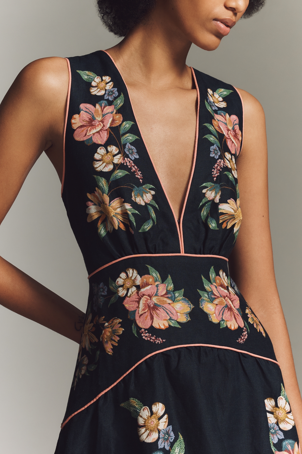 Farm Rio Maira Floral Linen Sleeveless Plunge Maxi Dress