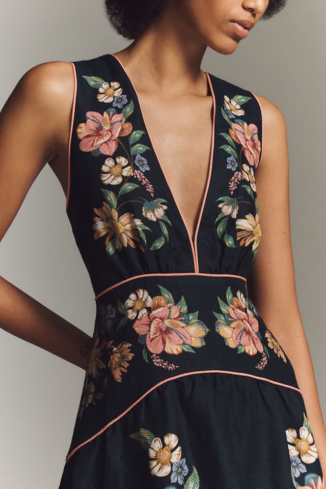 Farm Rio Maira Floral Linen Sleeveless Plunge Maxi Dress