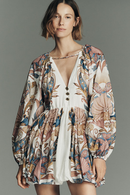 Sea Garden Long-Sleeve Plunge Mini Dress