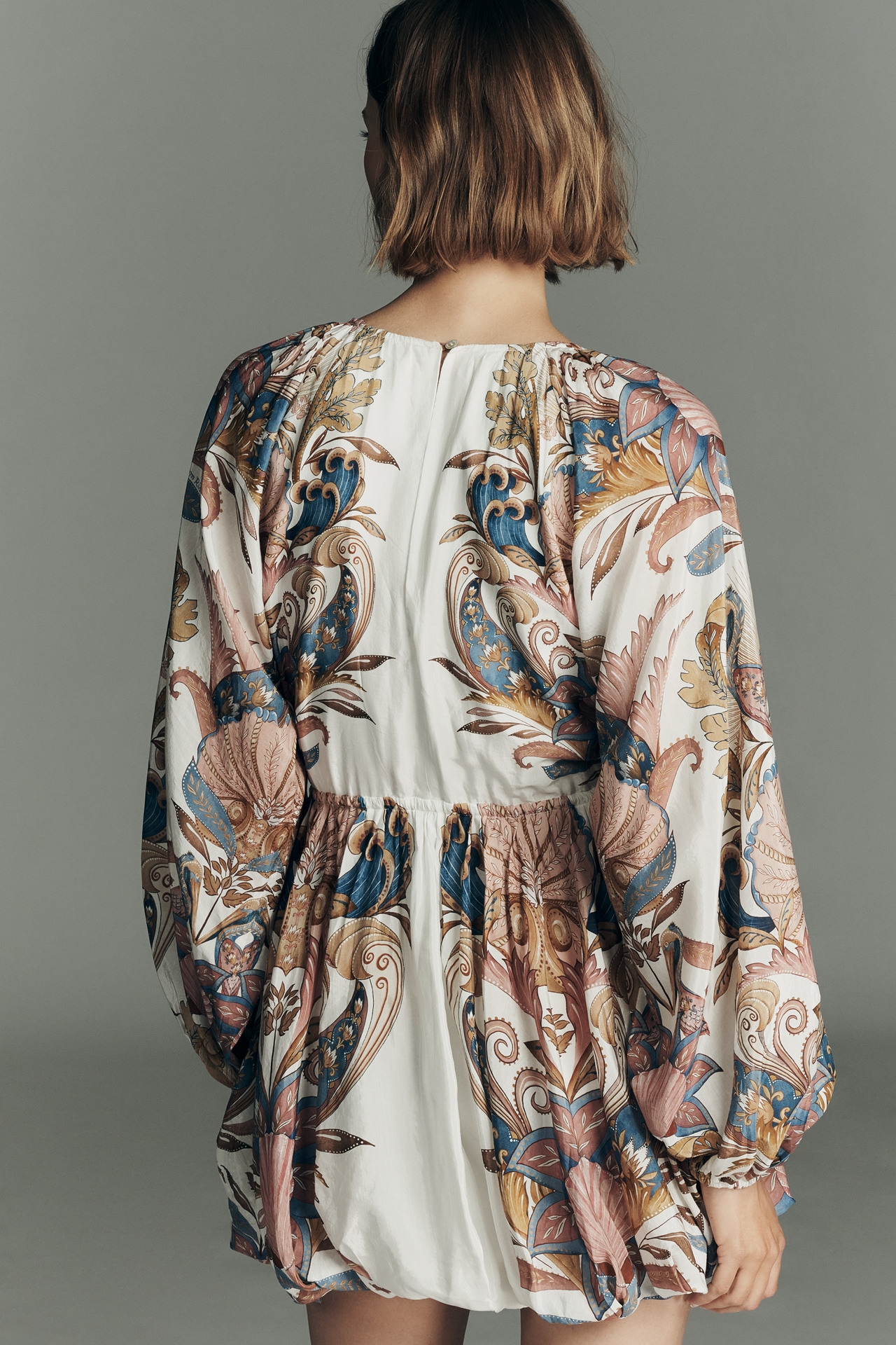 Farm Rio Sea Garden Long-Sleeve Plunge Mini Dress