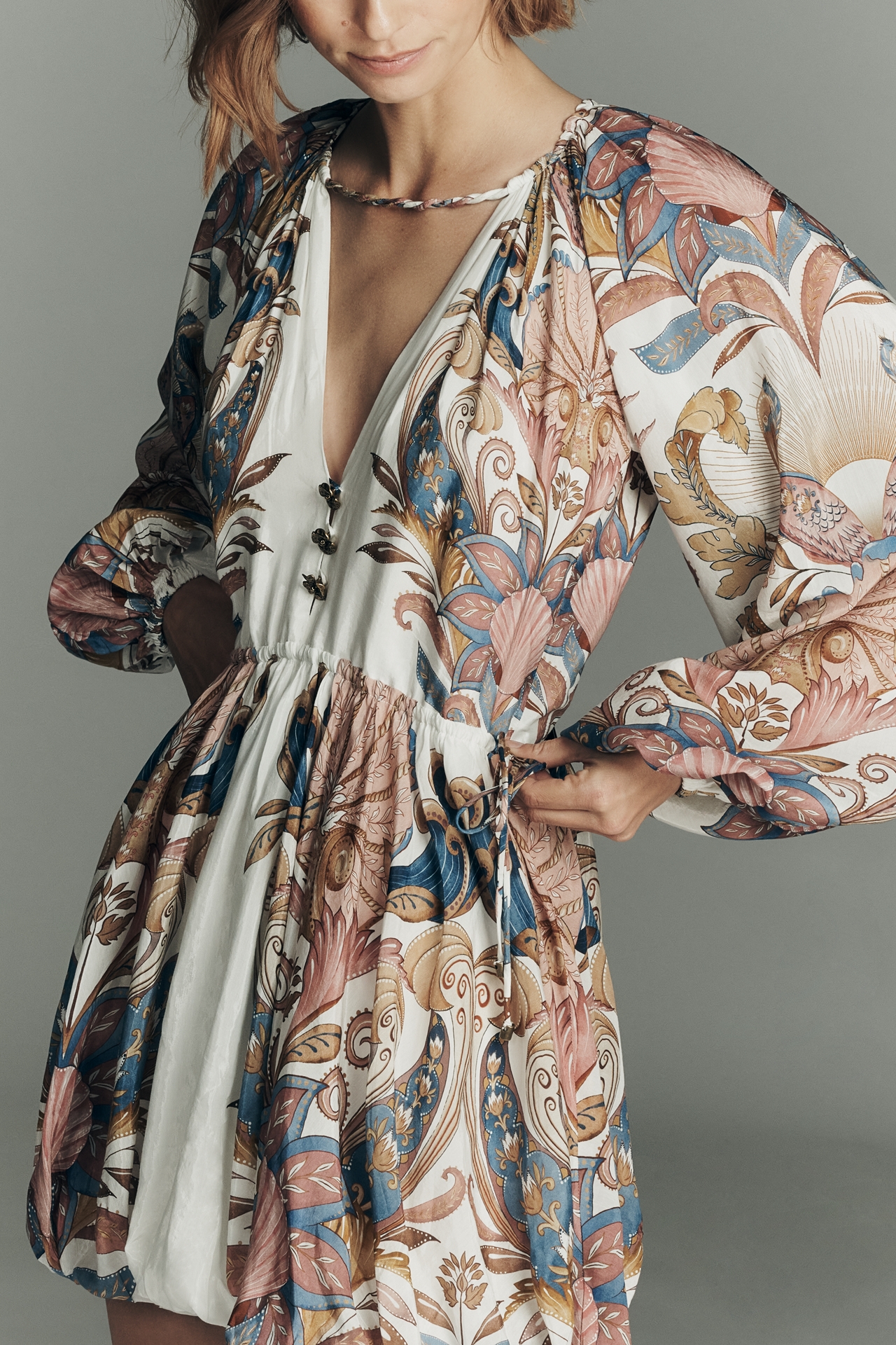 Farm Rio Sea Garden Long-Sleeve Plunge Mini Dress