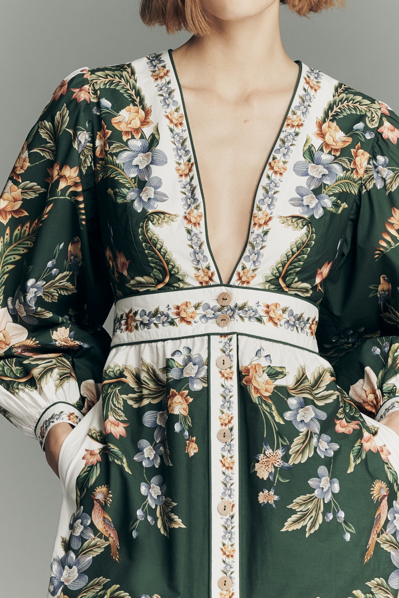 Farm Rio Nature Long-Sleeve Plunge Maxi Dress