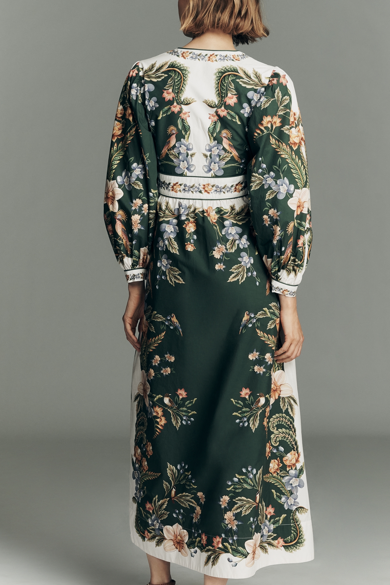 Farm Rio Nature Long-Sleeve Plunge Maxi Dress