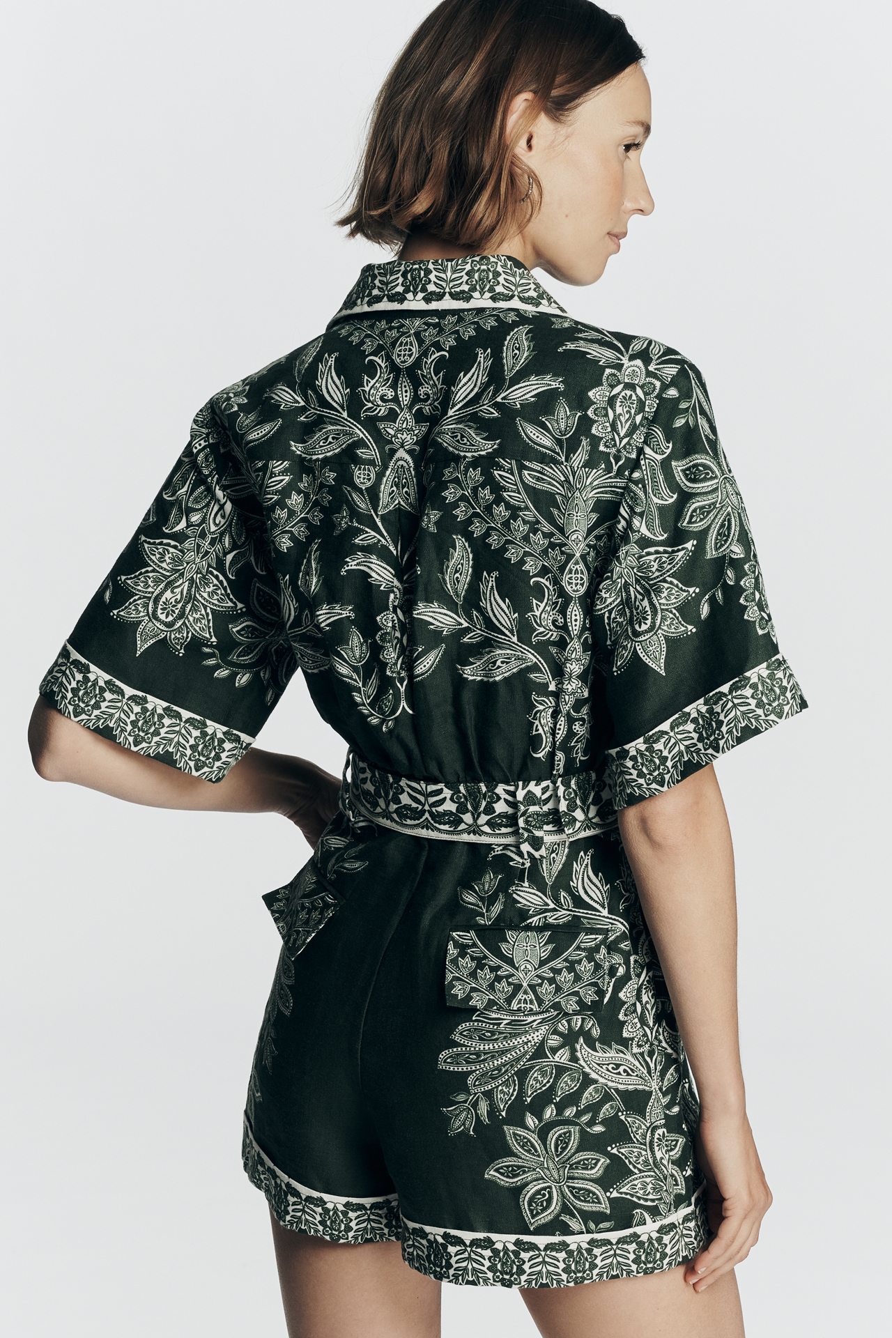 Farm Rio Miranda Short-Sleeve Belted Linen Romper