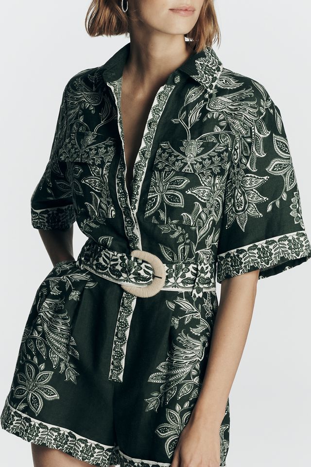 Farm Rio Miranda Short-Sleeve Belted Linen Romper | Anthropologie