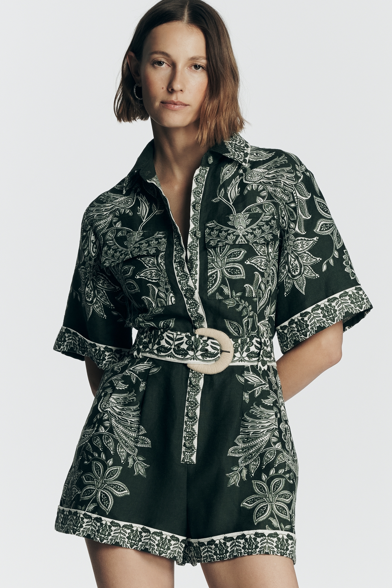 Farm Rio Miranda Short-Sleeve Belted Linen Romper