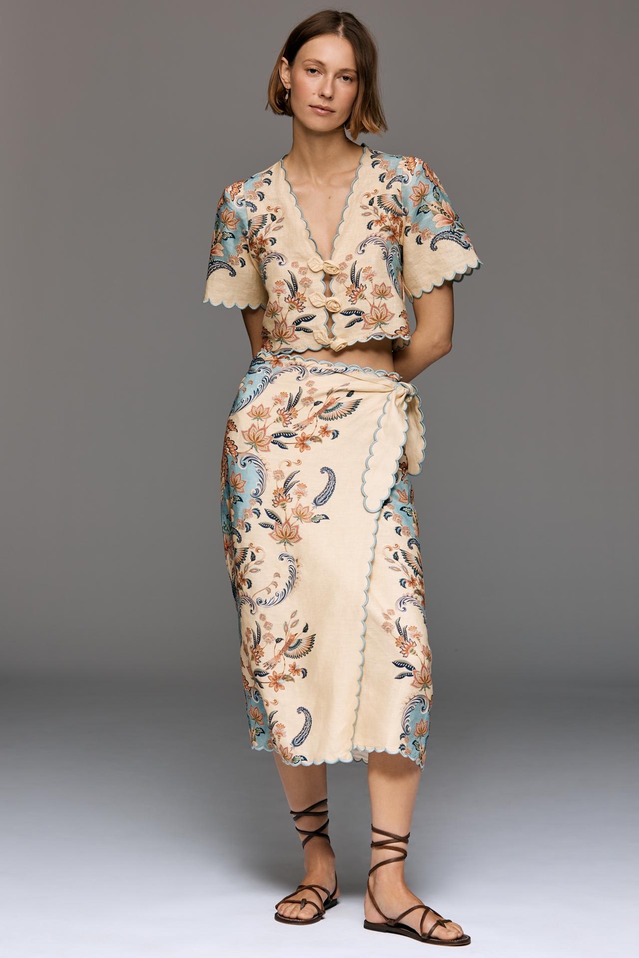 Farm Rio Scalloped Short-Sleeve Linen Rosette Top