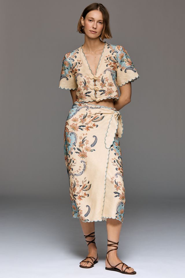 FARM Rio トップス　サイズPP（SS） 花柄 Farm Rio Scalloped Short-Sleeve Linen Rosette Top | Anthropologie