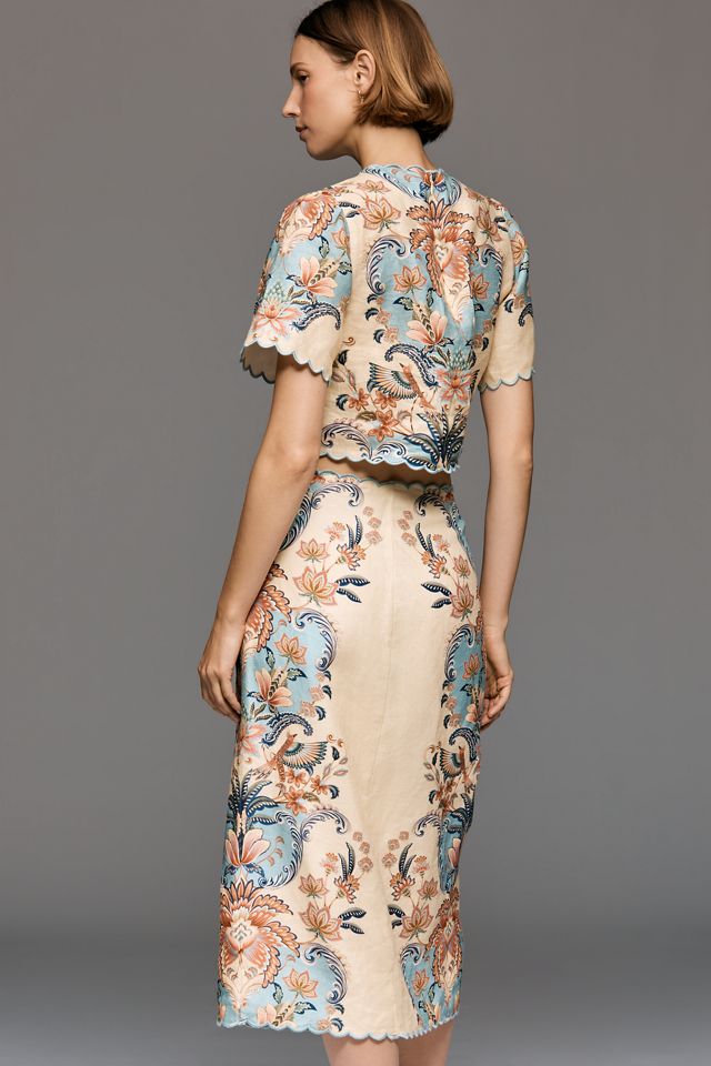 Farm Rio Scalloped Linen Midi Skirt | Anthropologie
