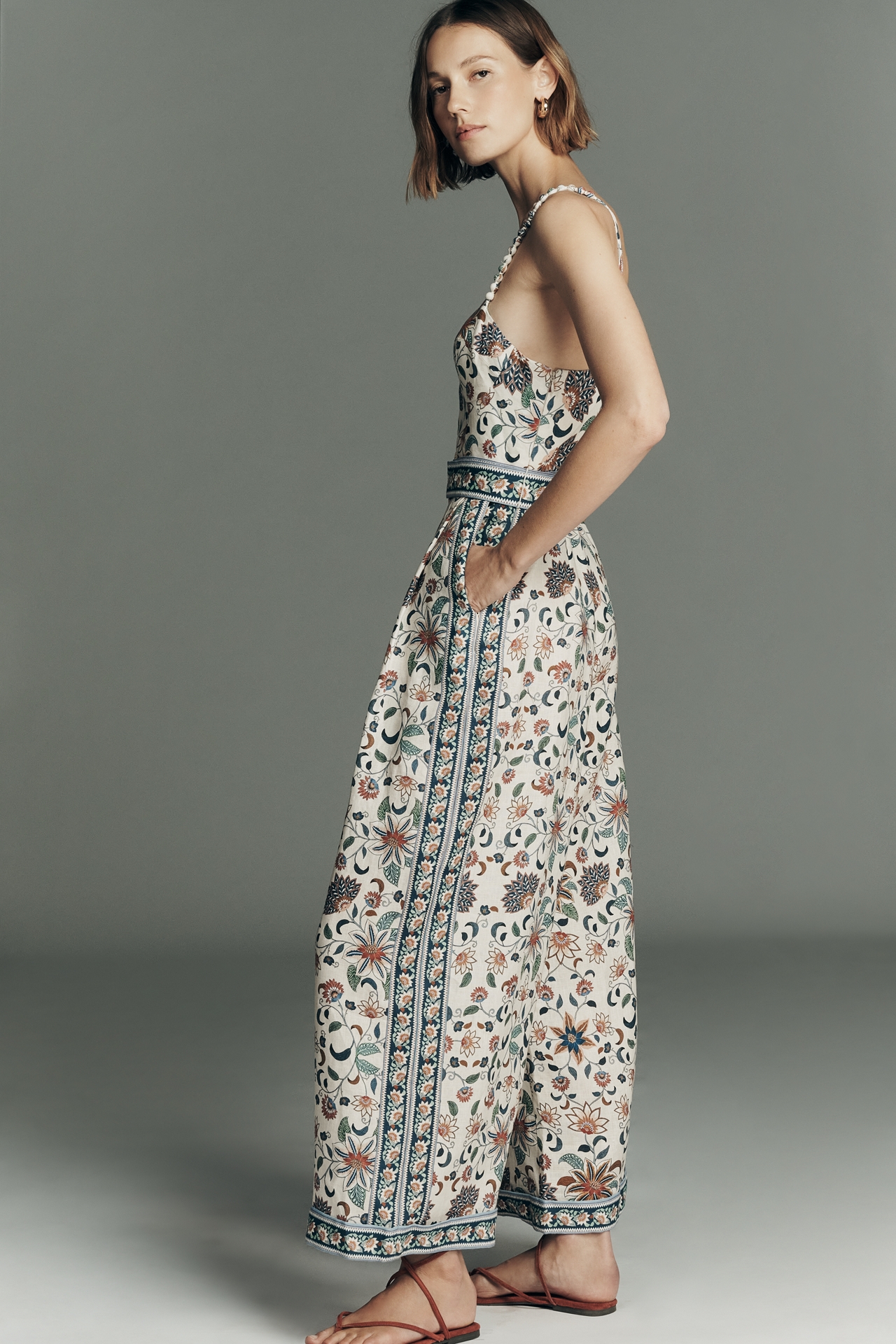 Farm Rio Delhi Sleeveless Sweetheart Linen Jumpsuit