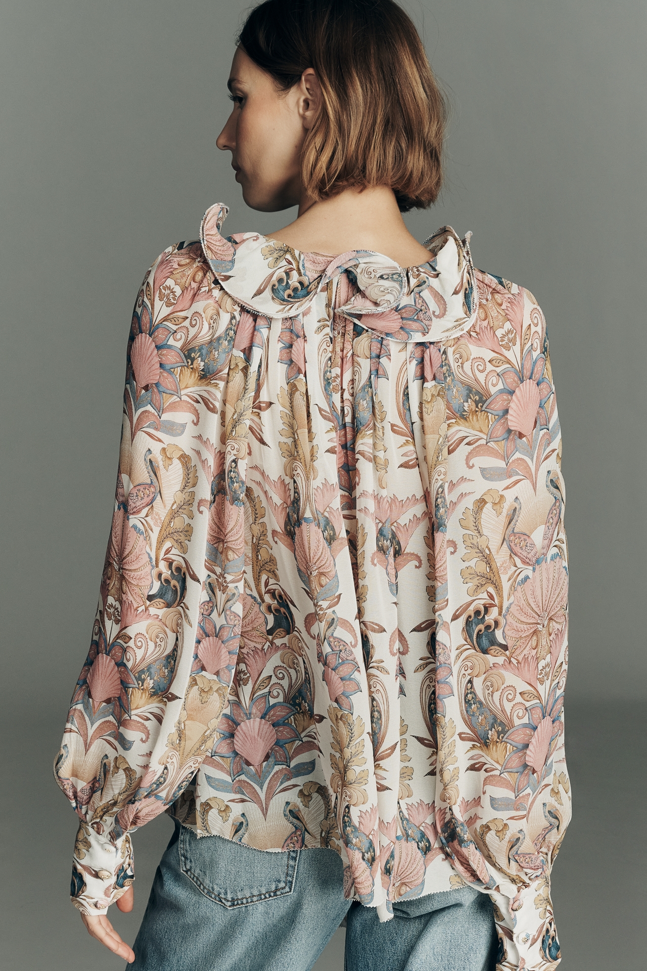 Farm Rio Sea Garden Long-Sleeve Tie-Neck Blouse