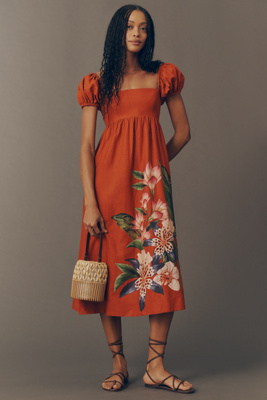 Puff-Sleeve Square-Neck Midi Dress