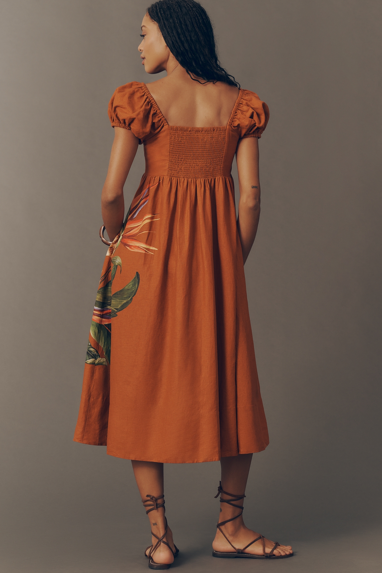 Farm Rio Puff-Sleeve Square-Neck Midi Dress